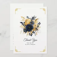 Navy Blue and Gold Floral Wedding Thank You Card