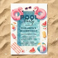 Watercolor Pink Flamingo Teen Summer Pool Party Invitation