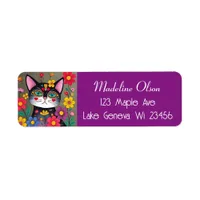 Cute Folk Art Black Cat and Flowers Label
