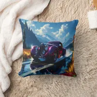 Vibrant hot rod racing through mountain scenery throw pillow