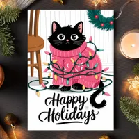 Happy Holidays Cute Cat Wrapped In Lights  Holiday Card