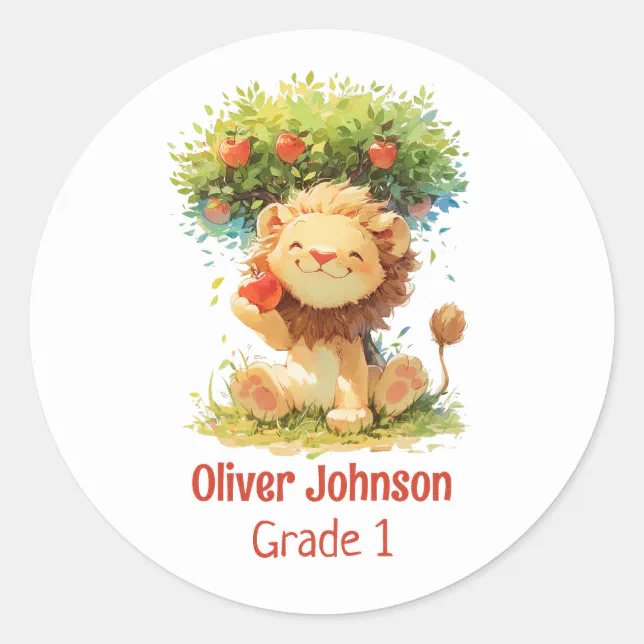 Smiling Lion Sitting Under An Apple Tree Kids Classic Round Sticker