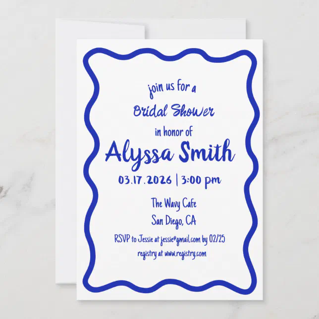 Hand Drawn Wavy Border Blue & White Bridal Shower Invitation