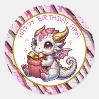 Pink and Gold Dragon Girl's Personalized Birthday  Classic Round Sticker