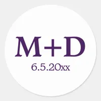 Minimalist Purple Couple Initials & Date Classic Round Sticker