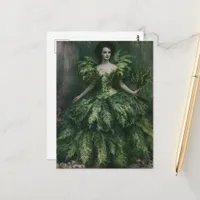 A beautiful woman in a fern dress painting postcard