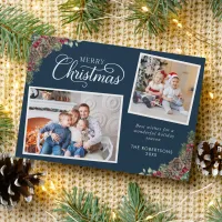 Christmas Watercolor Botanical 2 Photo Navy Blue  Holiday Card