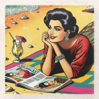 Retro Lady at Beach Daydreaming about Fashion Glass Coaster