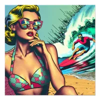 Pretty Blonde Retro Woman and Surfer Guy Photo Print