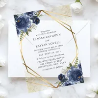 Navy Blue Floral Gold Geometric Modern Wedding Acrylic Invitations