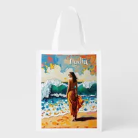 Woman on Beach Abstract Seaside Art Personalized Grocery Bag