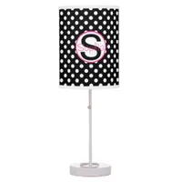 Pink and Black, Name and Initial with Polka Dots Table Lamp