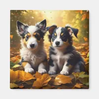 Two Cute Puppies Playing in Fall Leaves Magnet