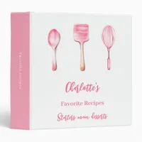 Pink white script recipes 3 ring binder