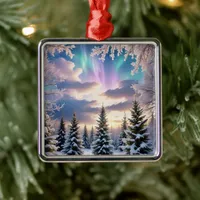 Snowy winter forest, ice crystals, northern lights metal ornament