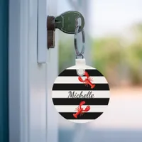 Black White nautical stripes red lobsters monogram Keychain