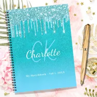 Sketchbook teal blue glitter aqua green monogram notebook