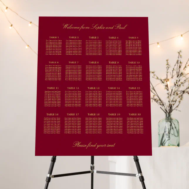 Burgundy Gold 20 Table Seating Chart Foam Board