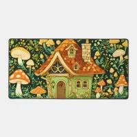 Green and gold cottage core flower and mushroom  desk mat