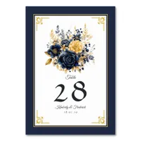 Navy Blue and Gold Floral Wedding Table Number