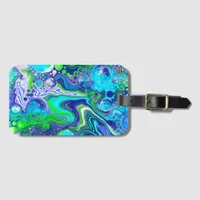 Blue and Lime Green Marble Pour Painting Effect   Luggage Tag