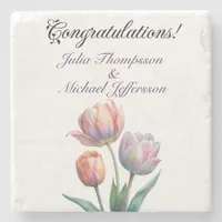 Romantic and Poetic Pastel Tulips Watercolor Stone Coaster