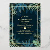 Teal and Gold Tropical Bachelorette Party Foil Invitation