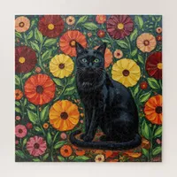 Black Cat and Colorful Folk Art Flowers Jigsaw Puzzle