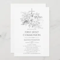 White and Silver Vintage Floral Holy Communion Invitation