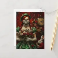 Alice With Red Hair in Gas Mask With White Rabbit Postcard