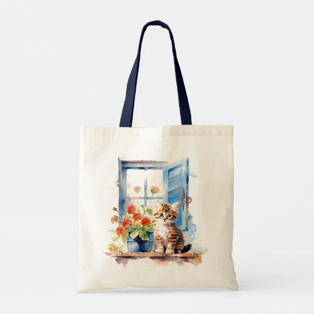 Cute Kitten At Window Flowers Cat Watercolor Art Tote Bag