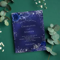 Navy blue silver floral wedding invitation