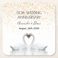 50th gold wedding anniversary white swans in love square paper coaster