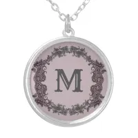 Elegant Purple and Silver Framed Monogram  Silver Plated Necklace