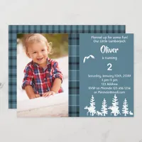 Photo lumberjack 2nd birthday party blue boy invitation