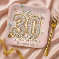 Elegant Blush Pink Gold Pearl Mosaic 30th Birthday Paper Plates