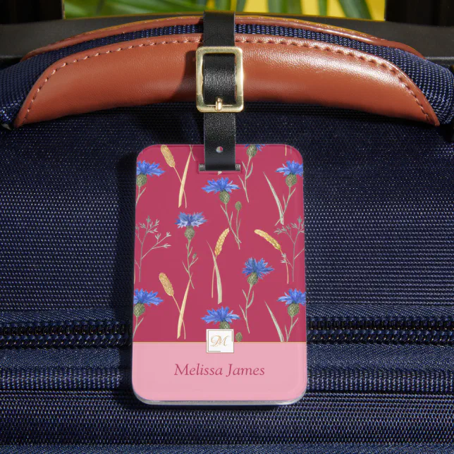 Red Floral Wildflower Monogram Luggage Tag