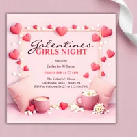 Pink Hearts Popcorn Galentine's Girls Night Party Invitation