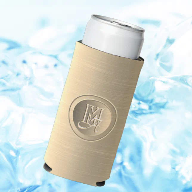 Metallic Gold Steel Engraved Monogram Seltzer Can Cooler