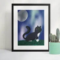 Black Cat Starry Night Painting Poster