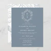 Budget Dusty Blue Floral Crest Monogram Invitation