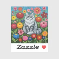 Fluffy Gray Striped Cat with Folk Art Flowers Sticker