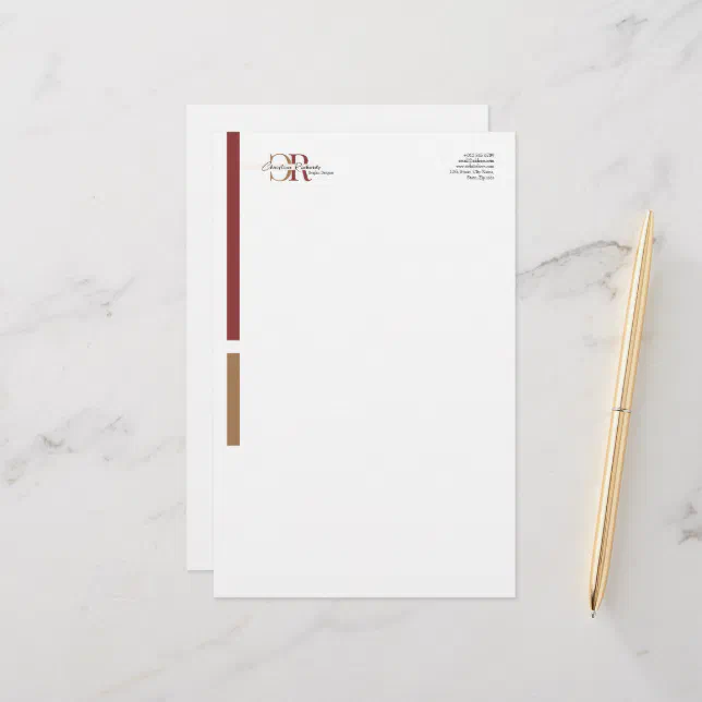 Simple Modern Burgundy Gold Monogram Stationery