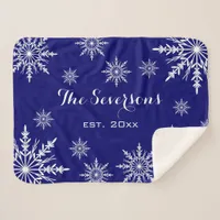 White Winter Snowflakes on Blue Sherpa Blanket