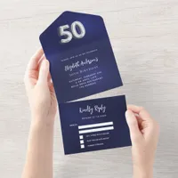 50th Birthday navy blue silver rsvp All In One Invitation
