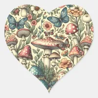 Vintage Mushrooms, Flowers, Butterflies Whimsical Heart Sticker