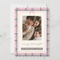 Preppy Pink Plaid Bow Family Photo Holiday Card