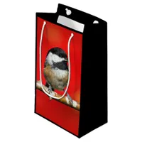 Black-Capped Chickadee on Autumn Red Background Small Gift Bag