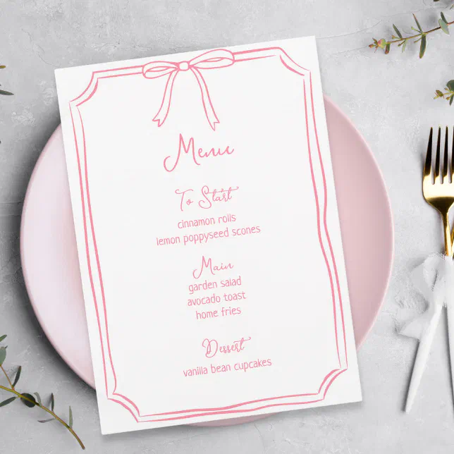 Whimsical Hand Drawn Bow Girly Coquette Pink Menu