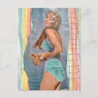Fashion model Woman in 1957 on the beach collage Postcard